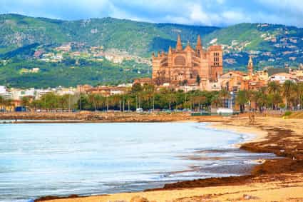 Horizontale Ansicht der Kathedrale von Palma mit Palmen, Stadt und Bergen im Hintergrund