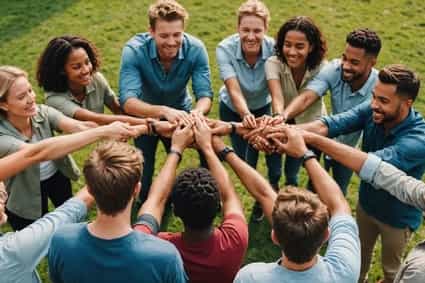 Team beim gemeinsamen Teambuilding in den Ardennen mit ineinandergelegten Händen
