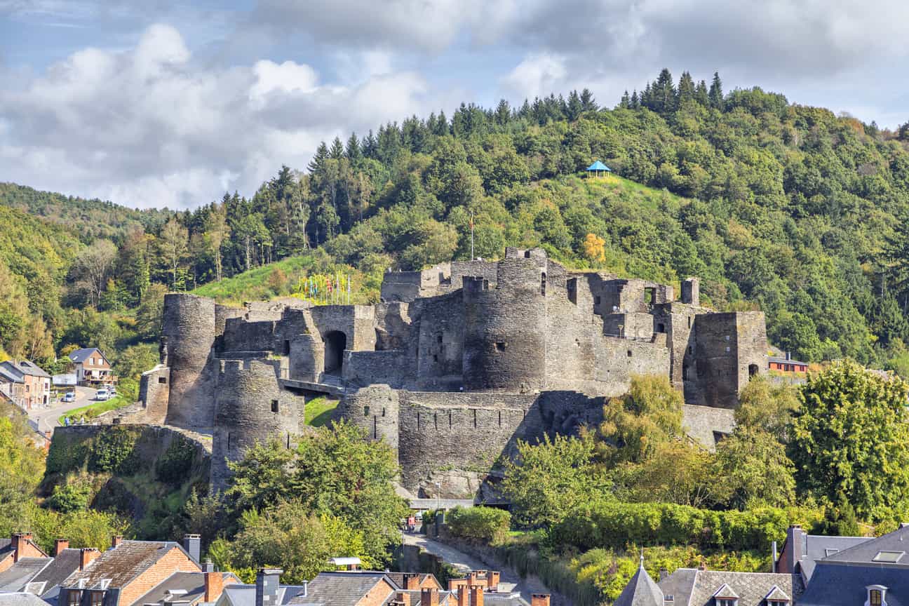 Burgruine La Roche-en-Ardenne auf einem Hügel mit Wald, Hausdächer im Vordergrund