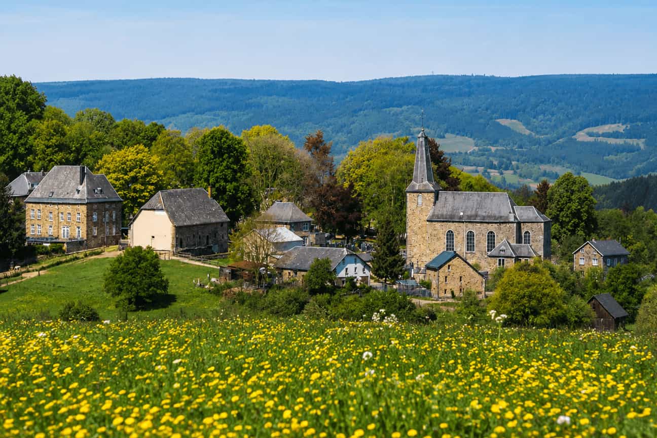 Blick über eine Blumenwiese auf die Dörfer Vielsalm und Gouvy in den Ardennen