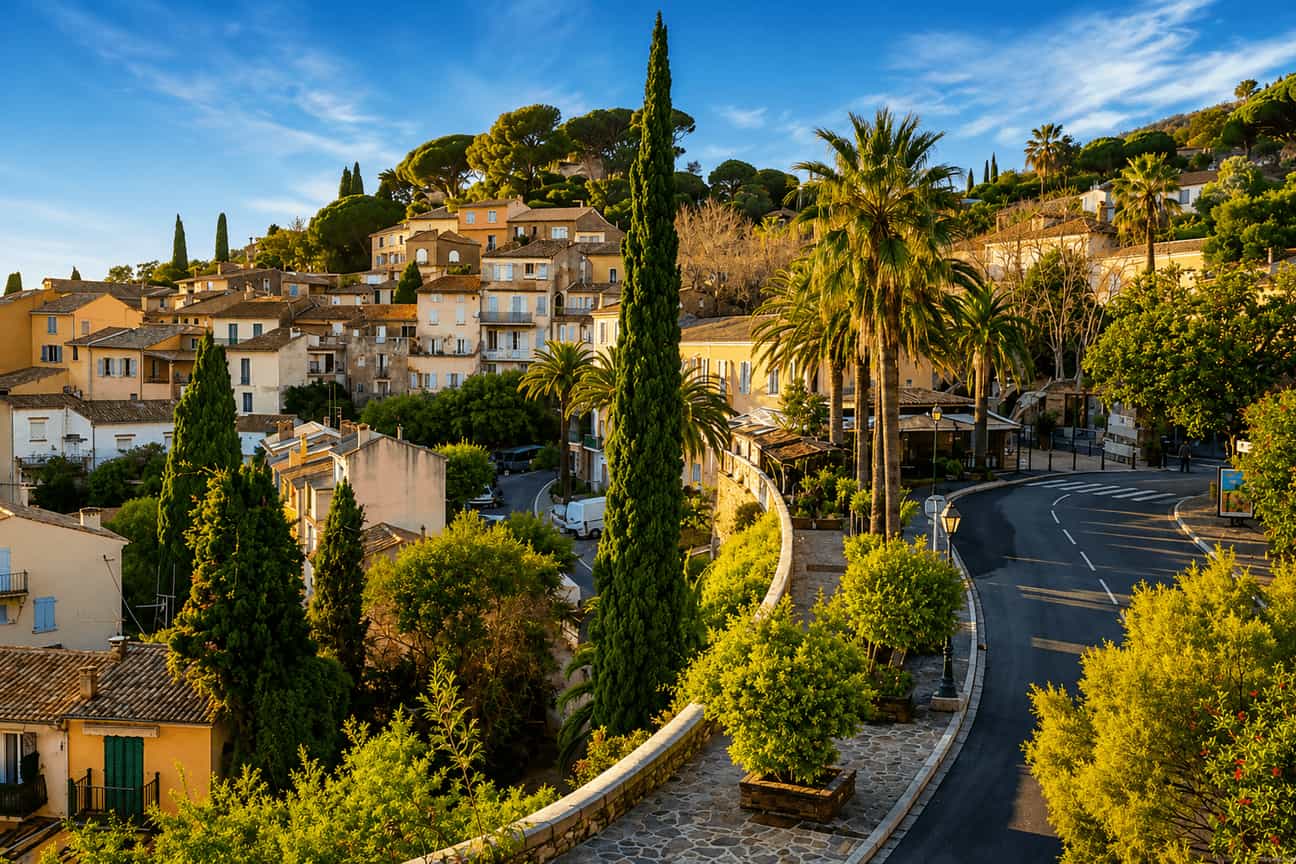 Route du Mimosa zwischen Bormes-les-Mimosas und Grasse mit mediterraner Landschaft und Dorfkulisse
