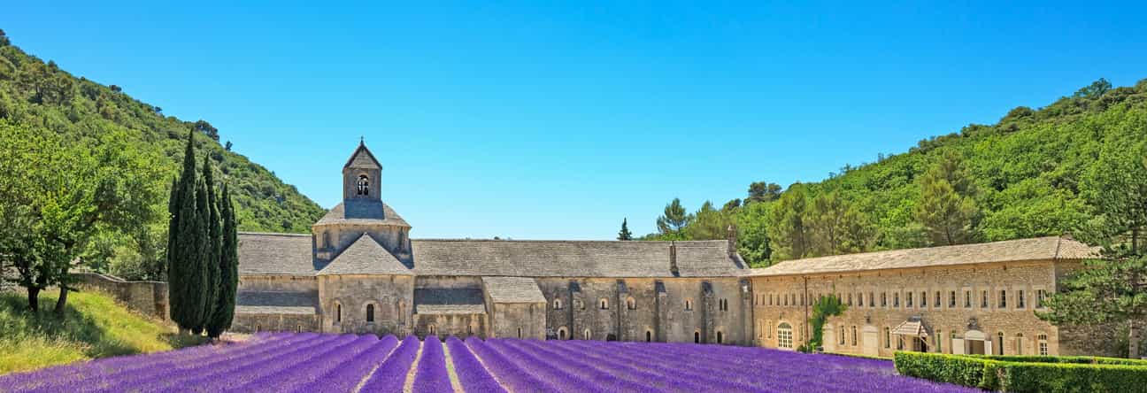 Abbaye de Sénanque bei Gordes mit Lavendelfeld im Vordergrund in der Provence